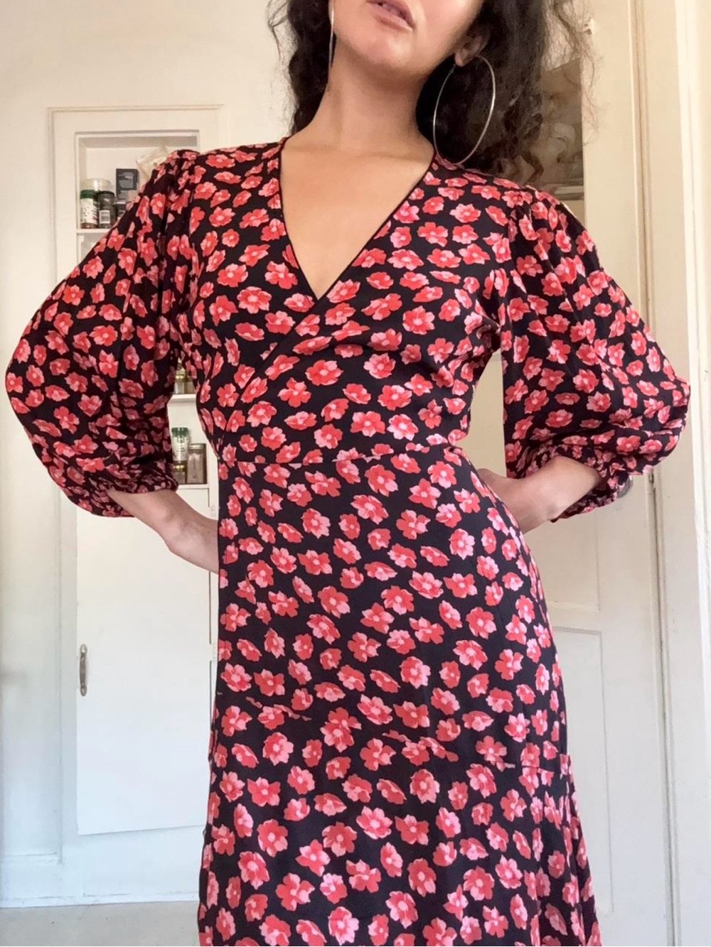 Floral Wrap Midi Dress in Black with Pink Flower Print